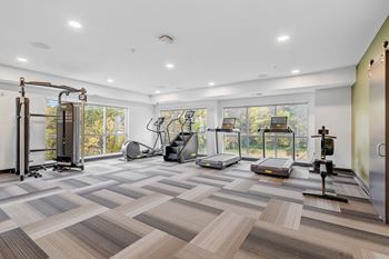 a gym with treadmills and weights on a checkered floor at The Aurilla, Cottage Grove, MN